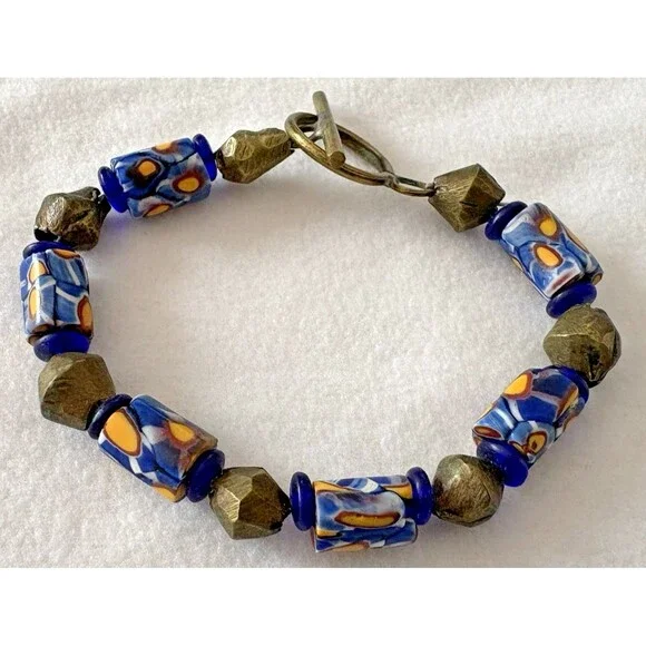 Bracelet Venetian Millefiori Glass African Trade Beads Yellow Blue Cylindrical - Picture 4 of 12